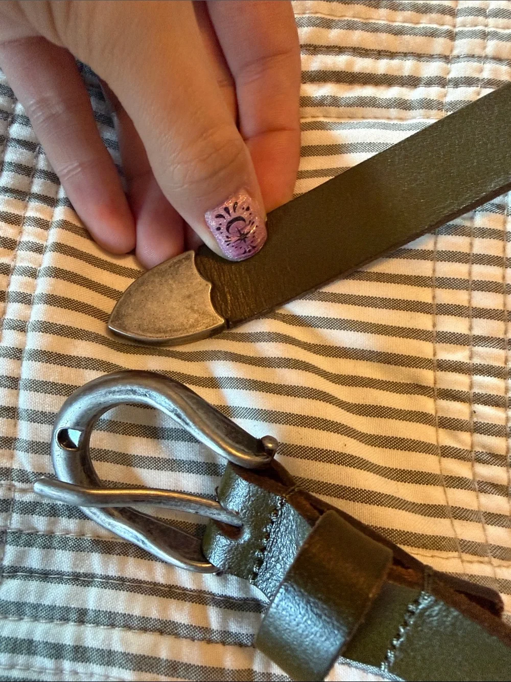 Lucky Brand Olive Green Leather Belt with Distressed Silver Buckle